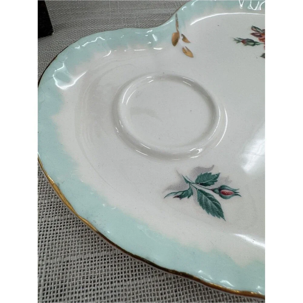 Vintage Floral Porcelain Tea Cup Tray Mint Green Gold Rose Serving Dish